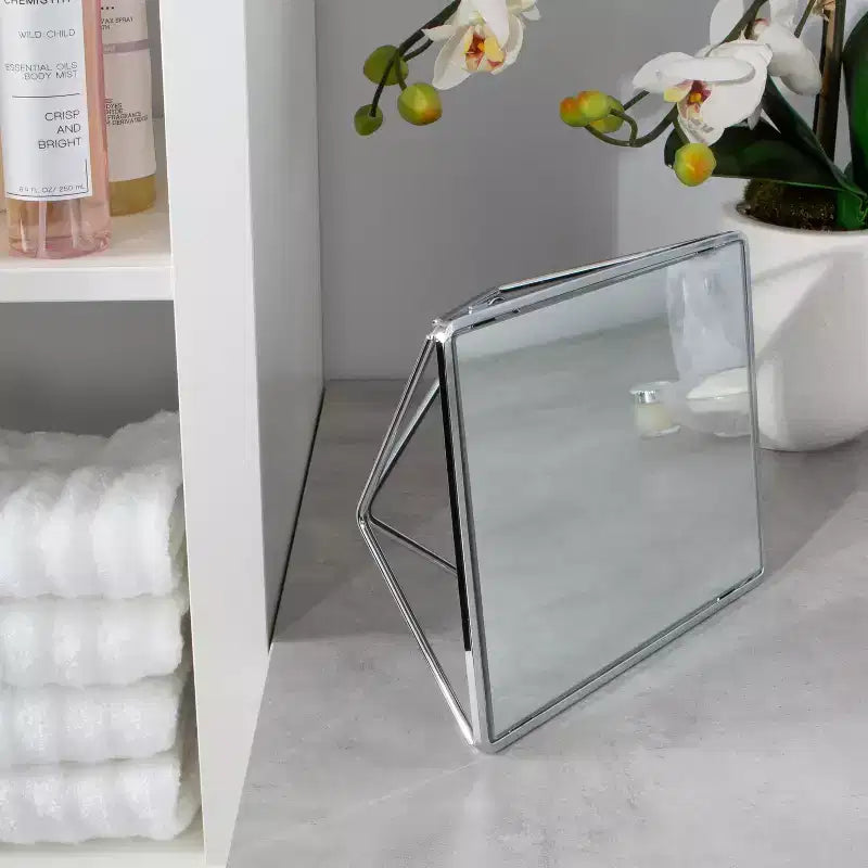 Specchio da Toeletta Geometrico Cromato Autoportante – Cornice in Metallo, 18,8 cm Larghezza, Bagno e Comodino