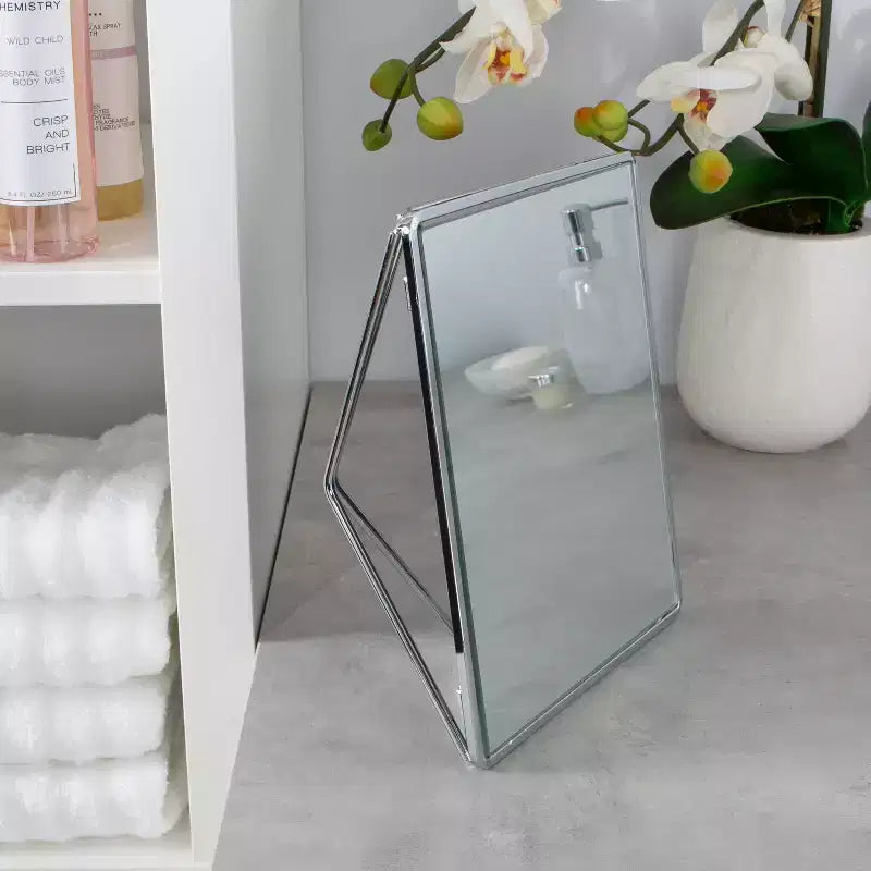 Specchio da Toeletta Geometrico Cromato Autoportante – Cornice in Metallo, 18,8 cm Larghezza, Bagno e Comodino