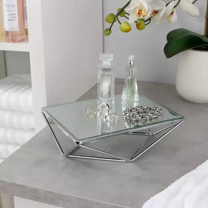 Specchio da Toeletta Geometrico Cromato Autoportante – Cornice in Metallo, 18,8 cm Larghezza, Bagno e Comodino