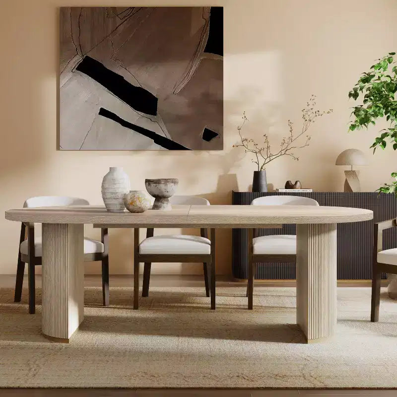 Tavolo da pranzo ovale da 224 cm – Base a doppio piedistallo, 6 posti, venatura del legno naturale, MDF e ferro