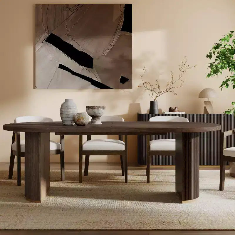 Tavolo da pranzo ovale da 224 cm – Base a doppio piedistallo, 6 posti, venatura del legno naturale, MDF e ferro