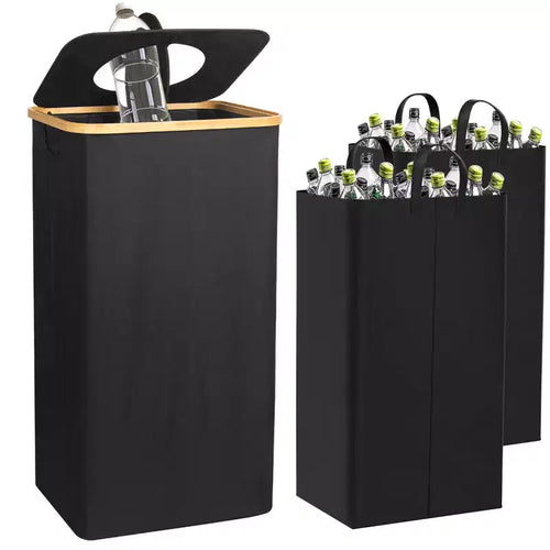 Hausource 100L Black Laundry Hamper & Recycling Bin with Lid, 2 Liners, Collapsible, Waterproof