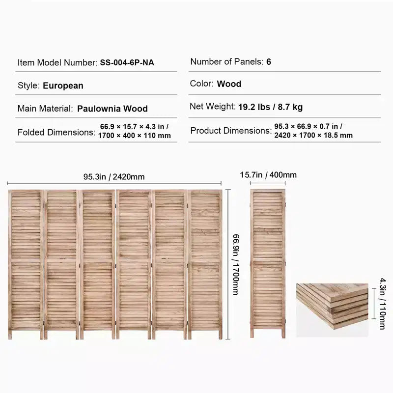 Paravento divisorio pieghevole a 6 pannelli in legno di paulonia – 170 cm di larghezza, a persiana, nessun assemblaggio richiesto, schermo per la privacy