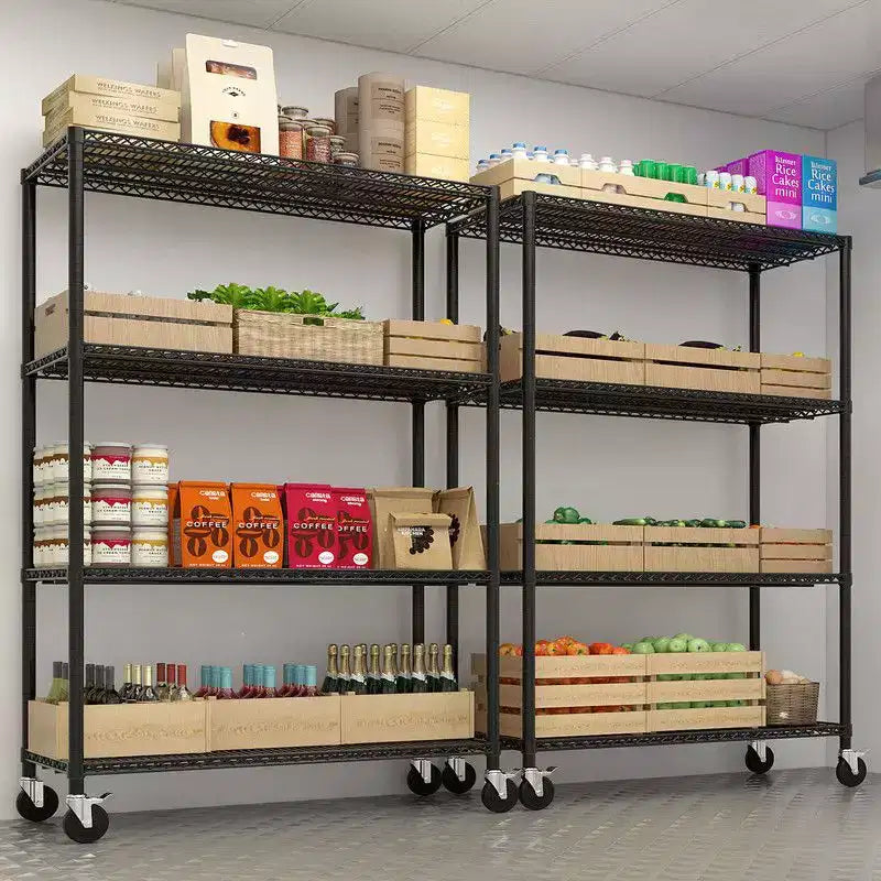Scaffale in filo metallico regolabile per carichi pesanti – 140 cm L, 5 ripiani, ruote, capacità 1450 kg, NSF