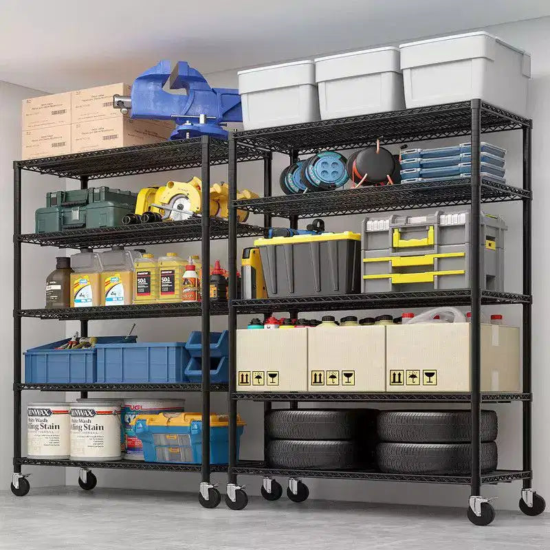 Scaffale in filo metallico regolabile per carichi pesanti – 140 cm L, 5 ripiani, ruote, capacità 1450 kg, NSF