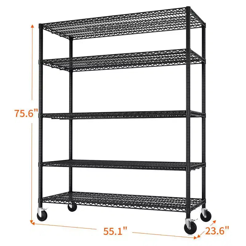 Scaffale in filo metallico regolabile per carichi pesanti – 140 cm L, 5 ripiani, ruote, capacità 1450 kg, NSF