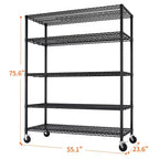 Scaffale in filo metallico regolabile per carichi pesanti – 140 cm L, 5 ripiani, ruote, capacità 1450 kg, NSF