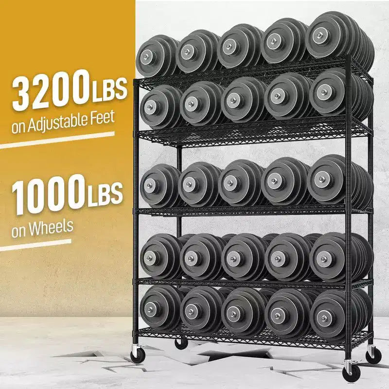 Scaffale in filo metallico regolabile per carichi pesanti – 140 cm L, 5 ripiani, ruote, capacità 1450 kg, NSF
