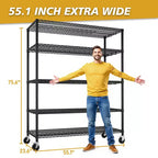 Scaffale in filo metallico regolabile per carichi pesanti – 140 cm L, 5 ripiani, ruote, capacità 1450 kg, NSF