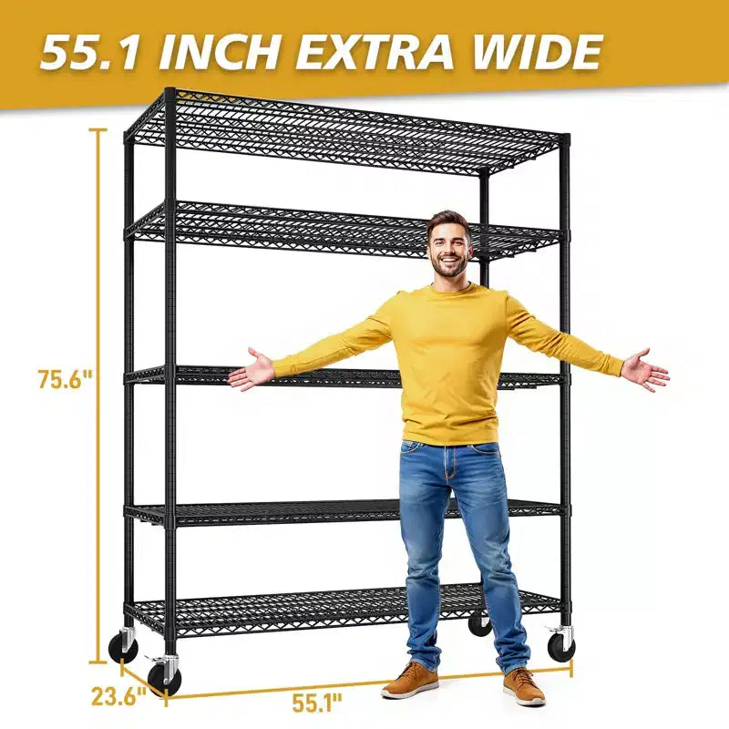 Scaffale in filo metallico regolabile per carichi pesanti – 140 cm L, 5 ripiani, ruote, capacità 1450 kg, NSF