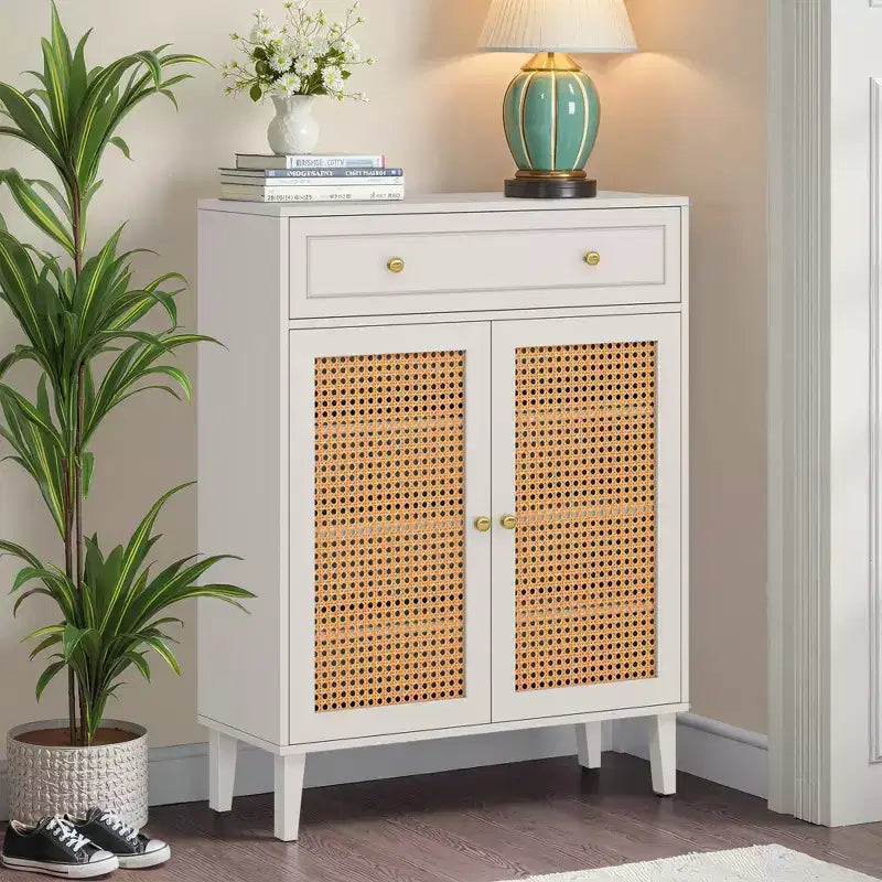 Scarpiera con ripiani regolabili e cassetto – Verde Menta, pannelli in rattan, altezza 111 cm