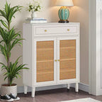 Scarpiera con ripiani regolabili e cassetto – Verde Menta, pannelli in rattan, altezza 111 cm