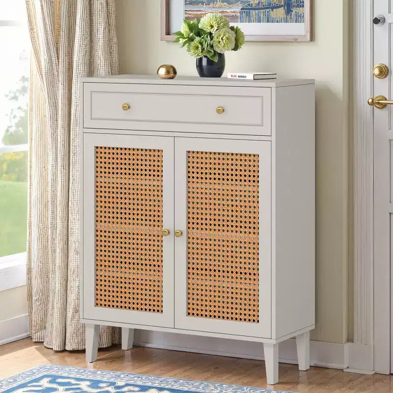 Scarpiera con ripiani regolabili e cassetto – Verde Menta, pannelli in rattan, altezza 111 cm