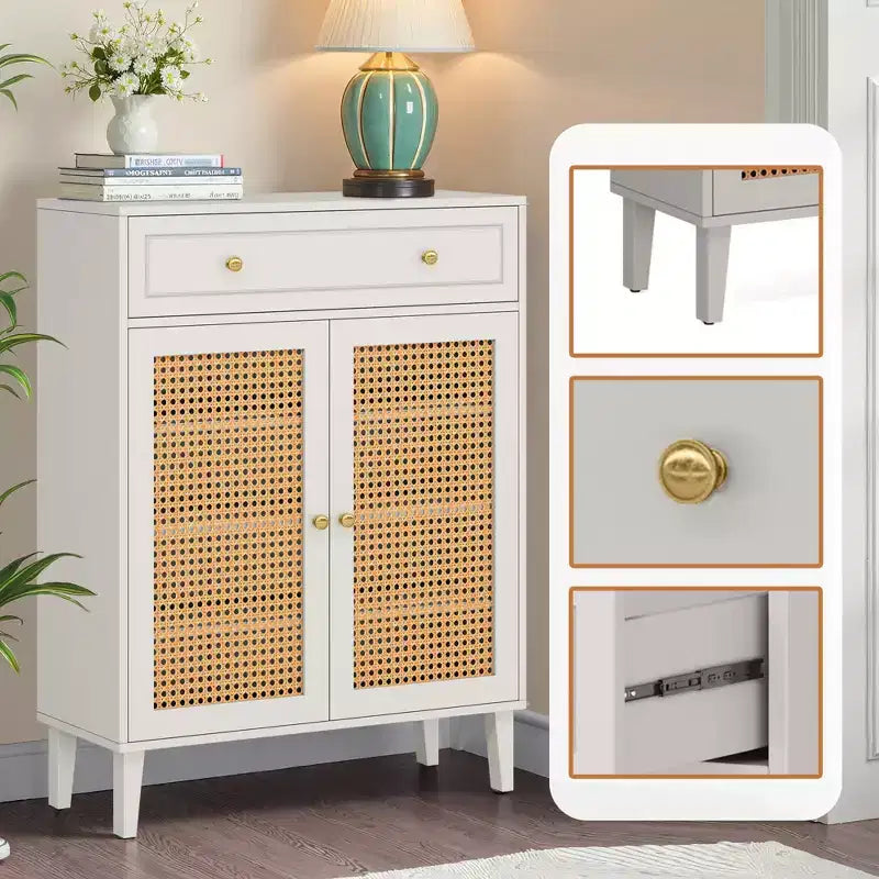 Scarpiera con ripiani regolabili e cassetto – Verde Menta, pannelli in rattan, altezza 111 cm