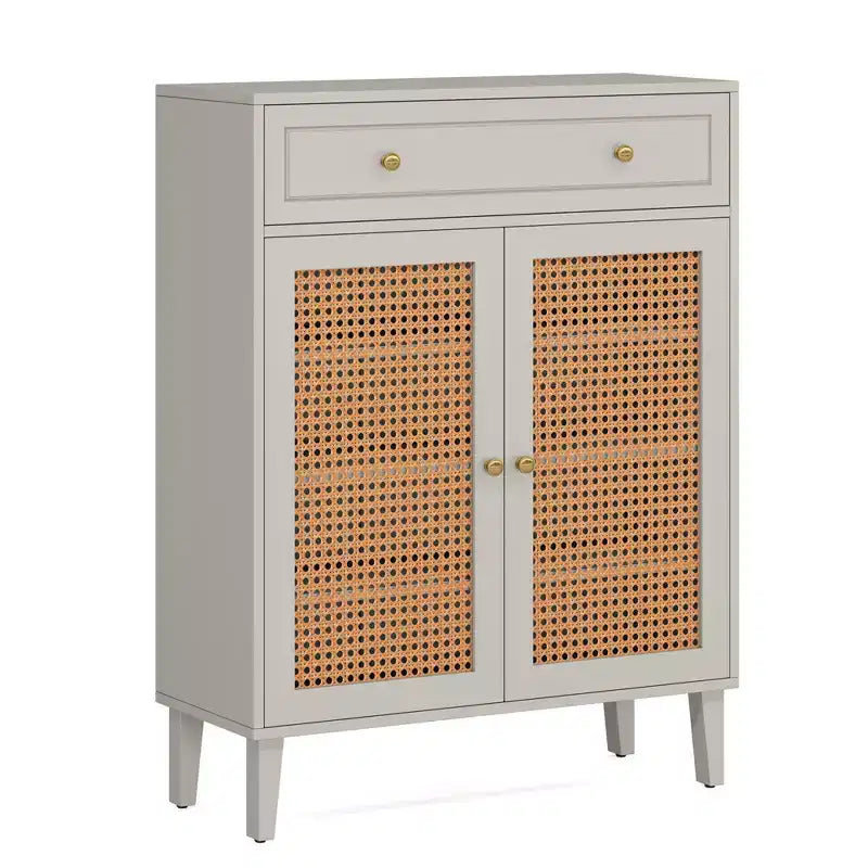 Scarpiera con ripiani regolabili e cassetto – Verde Menta, pannelli in rattan, altezza 111 cm