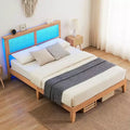 Bed Frame with Natural Rattan Headboard, Platform Queen Bed Frame with Lights, Mattress Foundation, Noise-Free
