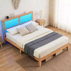 Bed Frame with Natural Rattan Headboard, Platform Queen Bed Frame with Lights, Mattress Foundation, Noise-Free