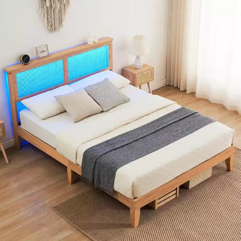 Bed Frame with Natural Rattan Headboard, Platform Queen Bed Frame with Lights, Mattress Foundation, Noise-Free
