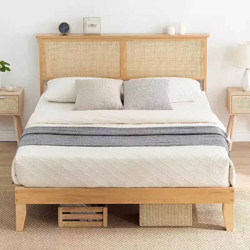 Struttura Letto con Testiera in Rattan Naturale, Letto a Piattaforma Queen con Luci, Base Materasso, Senza Rumore