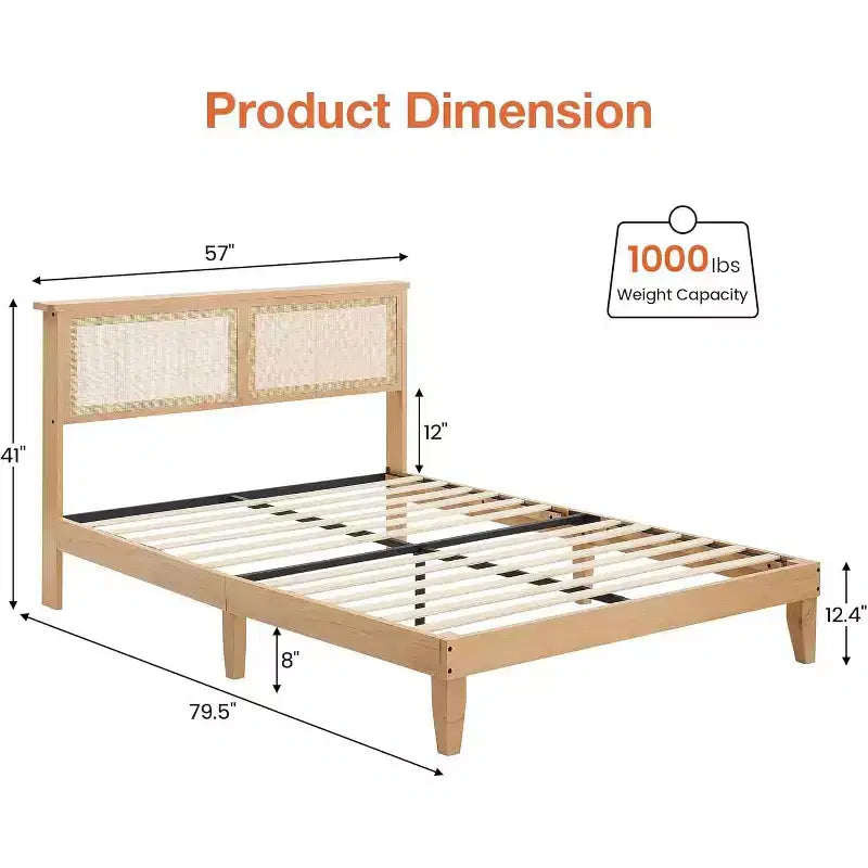 Struttura Letto con Testiera in Rattan Naturale, Letto a Piattaforma Queen con Luci, Base Materasso, Senza Rumore