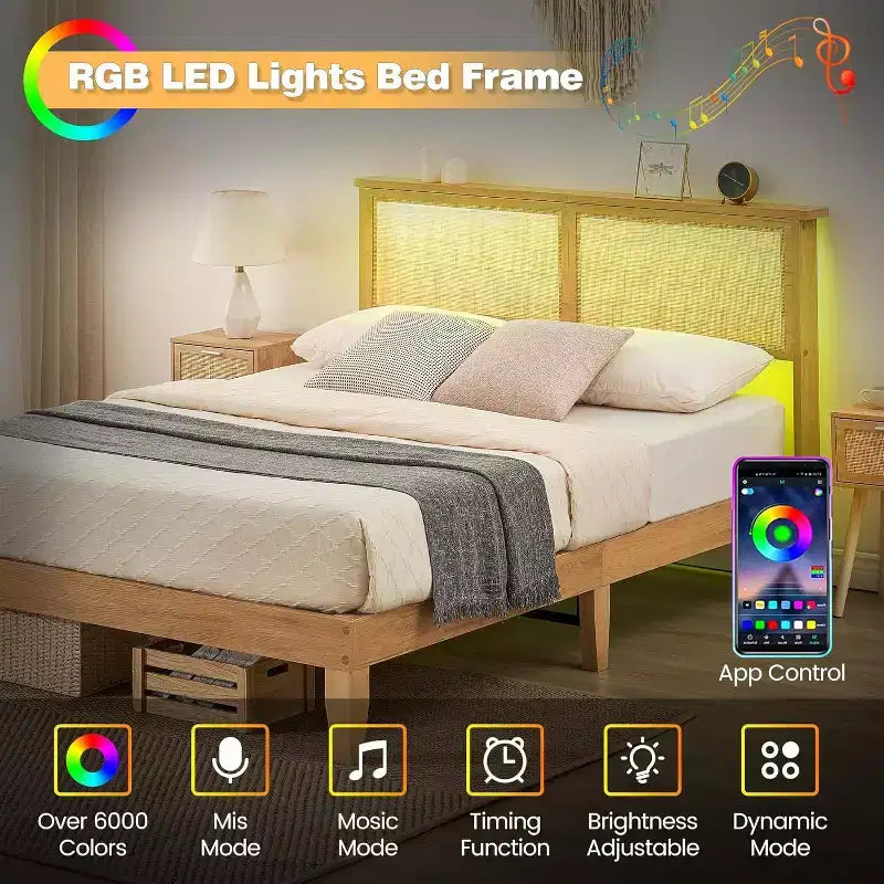 Struttura Letto con Testiera in Rattan Naturale, Letto a Piattaforma Queen con Luci, Base Materasso, Senza Rumore