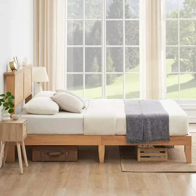 Struttura Letto con Testiera in Rattan Naturale, Letto a Piattaforma Queen con Luci, Base Materasso, Senza Rumore