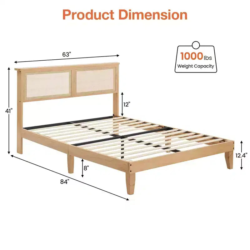 Struttura Letto con Testiera in Rattan Naturale, Letto a Piattaforma Queen con Luci, Base Materasso, Senza Rumore