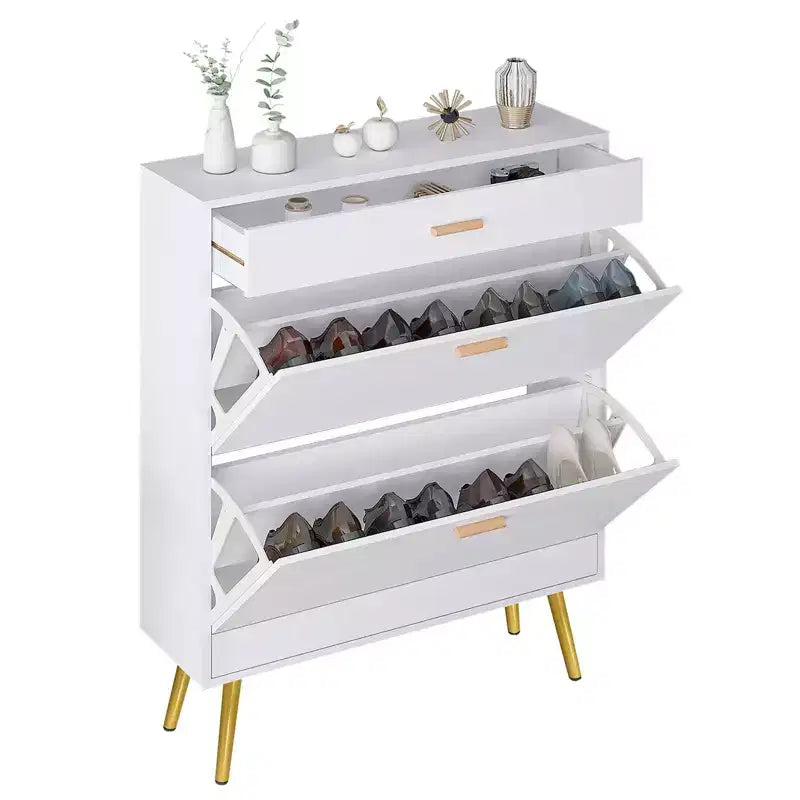 Karl Home 2 Flip Drawers and 1 Sorage Drawer White Particle Board 22.83in. W Shoe Cabinet