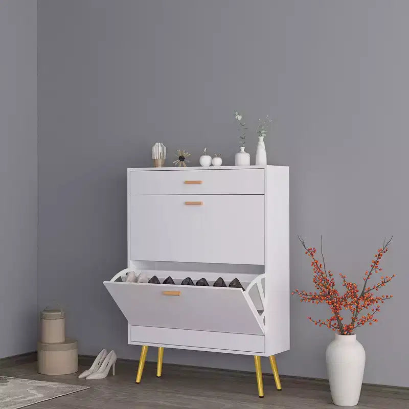 Scarpiera Bianca con 2 Ante a Ribalta e 1 Cassetto – Contiene 16 Paia, 80 cm L