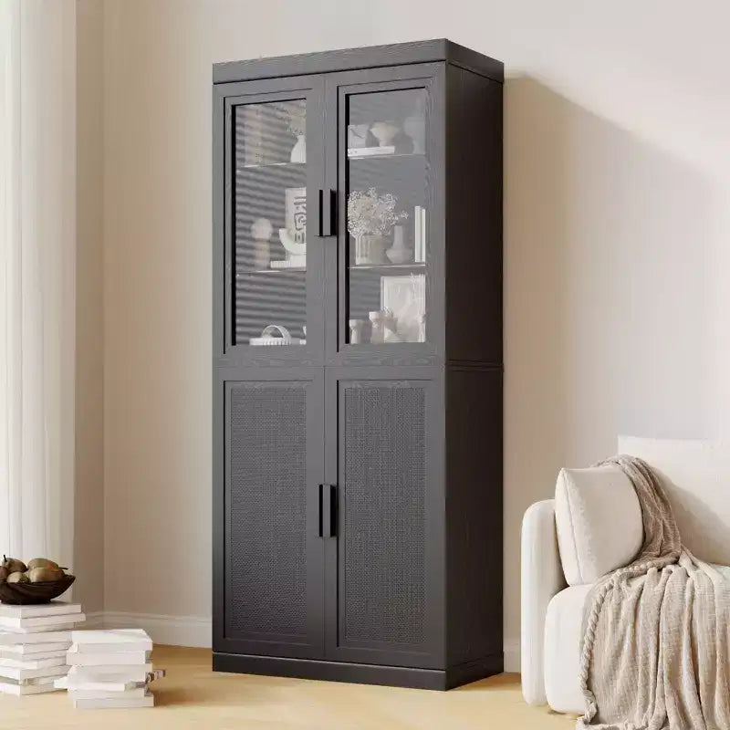 Modern 4-Door Storage Cabinet with Glass and Rattan Doors