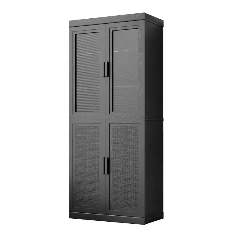 Madia moderna a 4 ante con ante in vetro e in rattan