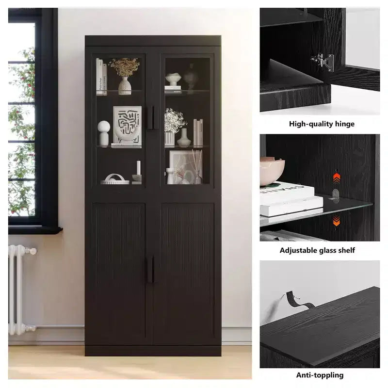 Madia moderna a 4 ante con ante in vetro e in rattan