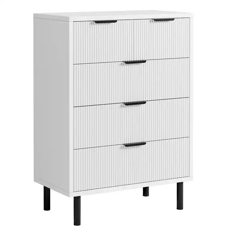Wave Fluted 5-Drawer Dresser, Tall Chest, Wide Wood Storage Dresser Organizer, Deep Drawers, Modern White Bedroom Furniture