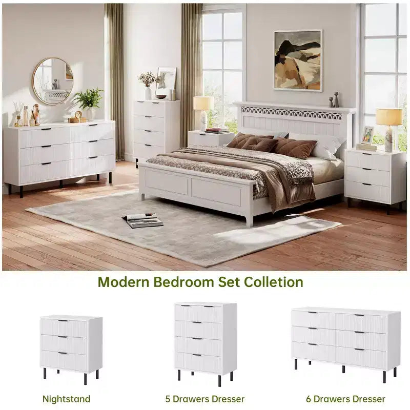 Comò a 5 cassetti Wave Fluted, cassettiera alta, organizer largo in legno con cassetti profondi, mobili moderni bianchi per camera da letto