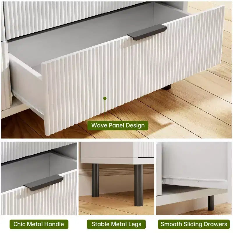 Comò a 5 cassetti Wave Fluted, cassettiera alta, organizer largo in legno con cassetti profondi, mobili moderni bianchi per camera da letto