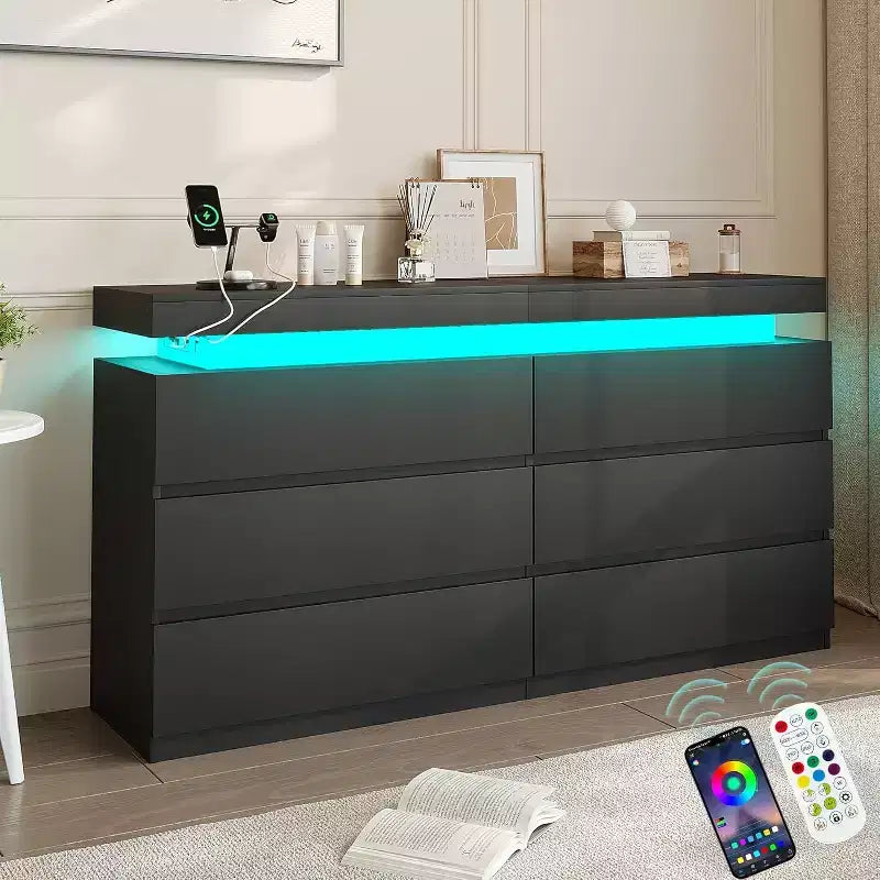 Dyoney 6-drawer dual vanity with power socket and LED lights, spacious storage cabinet with top storage, charging dock