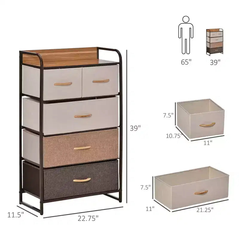 Cassettiera Okak per camera da letto con 5 cassetti, mobile contenitore con cassetti in tessuto rimovibili, struttura in acciaio per armadio, comodino, lavanderia, ingresso