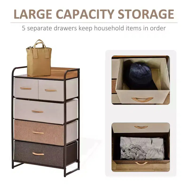 Cassettiera Okak per camera da letto con 5 cassetti, mobile contenitore con cassetti in tessuto rimovibili, struttura in acciaio per armadio, comodino, lavanderia, ingresso