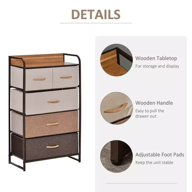 Cassettiera Okak per camera da letto con 5 cassetti, mobile contenitore con cassetti in tessuto rimovibili, struttura in acciaio per armadio, comodino, lavanderia, ingresso