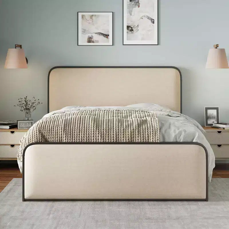Letto Matrimoniale/King Size con Struttura a Piattaforma – Testiera e Pediera Curve, Doghe in Metallo, Contenitore