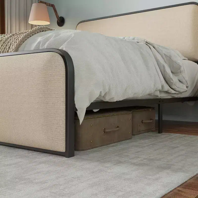 Letto Matrimoniale/King Size con Struttura a Piattaforma – Testiera e Pediera Curve, Doghe in Metallo, Contenitore