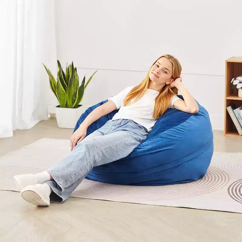 Poltrona Sacco Rotonda di 90 cm in Memory Foam – Velluto Olandese Blu, Rivestimento Lavabile, per Interni