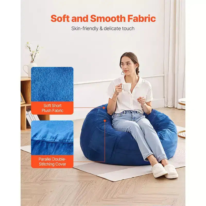 Poltrona Sacco Rotonda di 90 cm in Memory Foam – Velluto Olandese Blu, Rivestimento Lavabile, per Interni