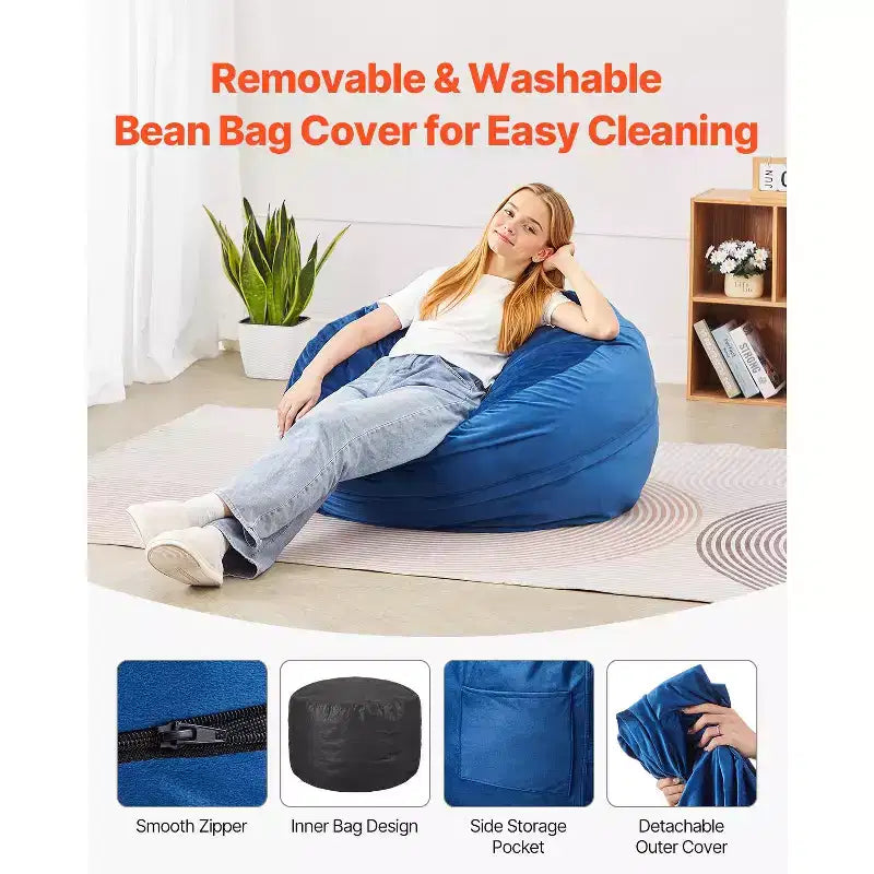 Poltrona Sacco Rotonda di 90 cm in Memory Foam – Velluto Olandese Blu, Rivestimento Lavabile, per Interni