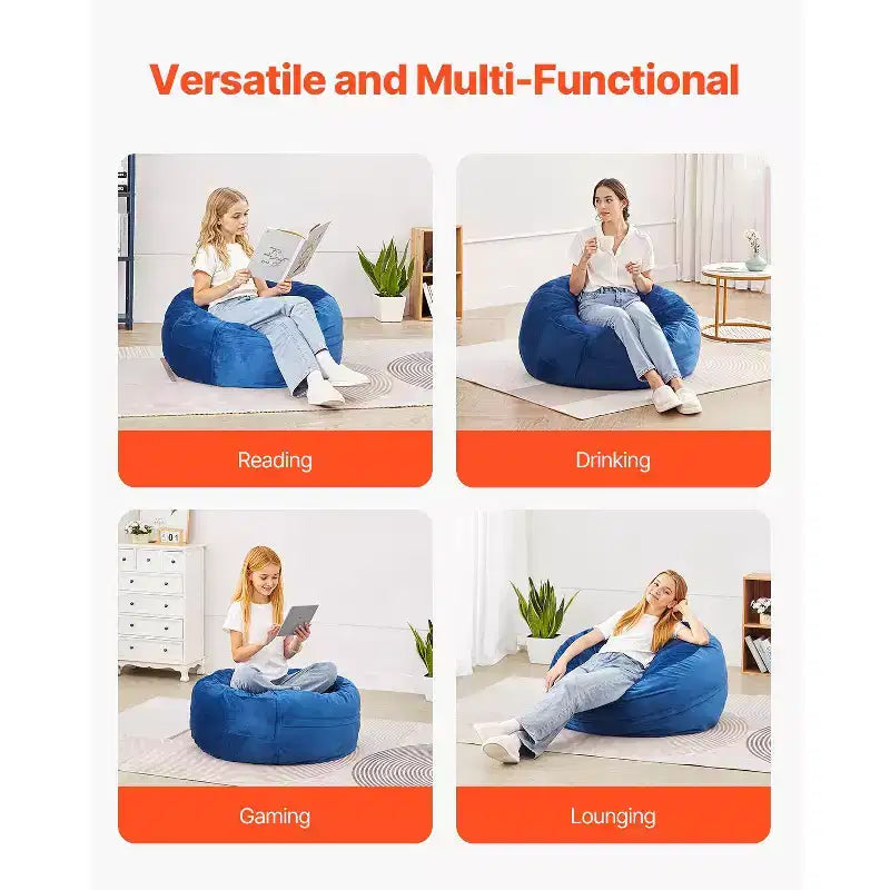 Poltrona Sacco Rotonda di 90 cm in Memory Foam – Velluto Olandese Blu, Rivestimento Lavabile, per Interni