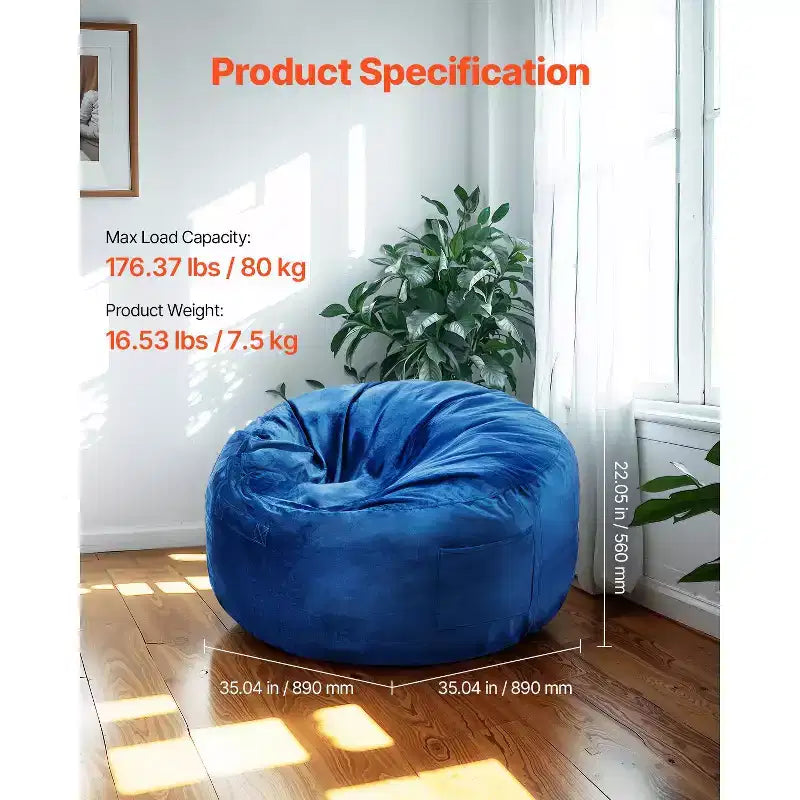 Poltrona Sacco Rotonda di 90 cm in Memory Foam – Velluto Olandese Blu, Rivestimento Lavabile, per Interni