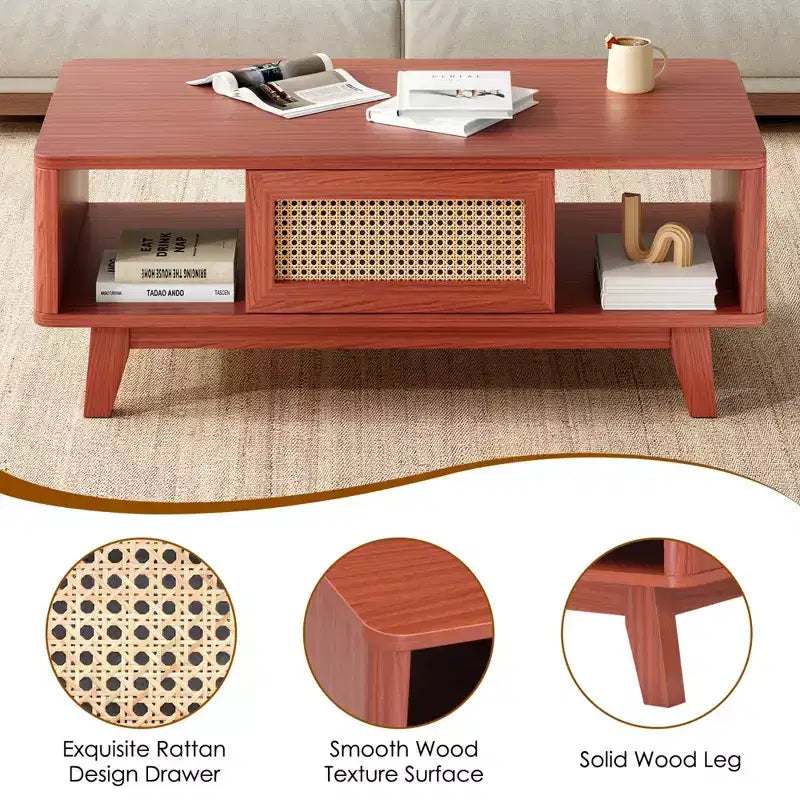 Tavolino da Caffè, Tavolini da Salotto, Tavolino Moderno Quadrato con Cassetto in Rattan, Tavolino da Salotto in Legno