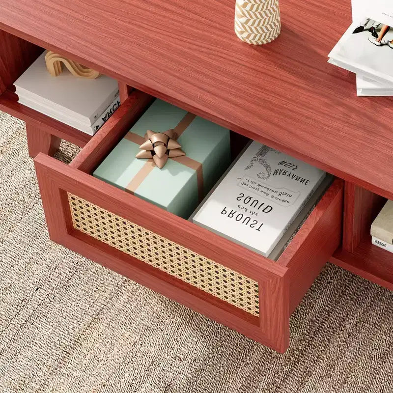Tavolino da Caffè, Tavolini da Salotto, Tavolino Moderno Quadrato con Cassetto in Rattan, Tavolino da Salotto in Legno