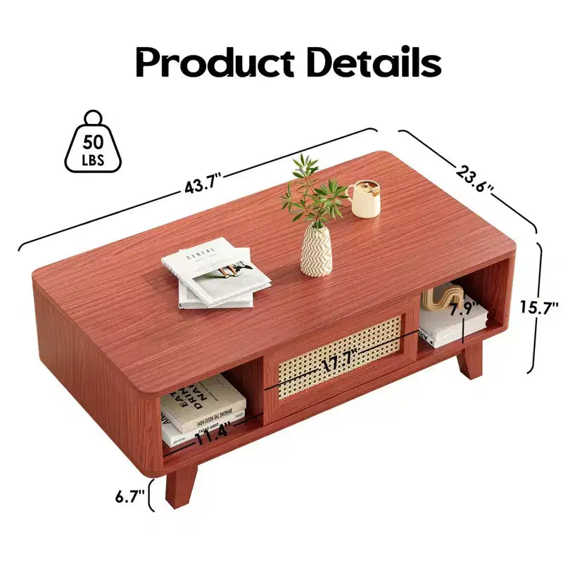 Tavolino da Caffè, Tavolini da Salotto, Tavolino Moderno Quadrato con Cassetto in Rattan, Tavolino da Salotto in Legno