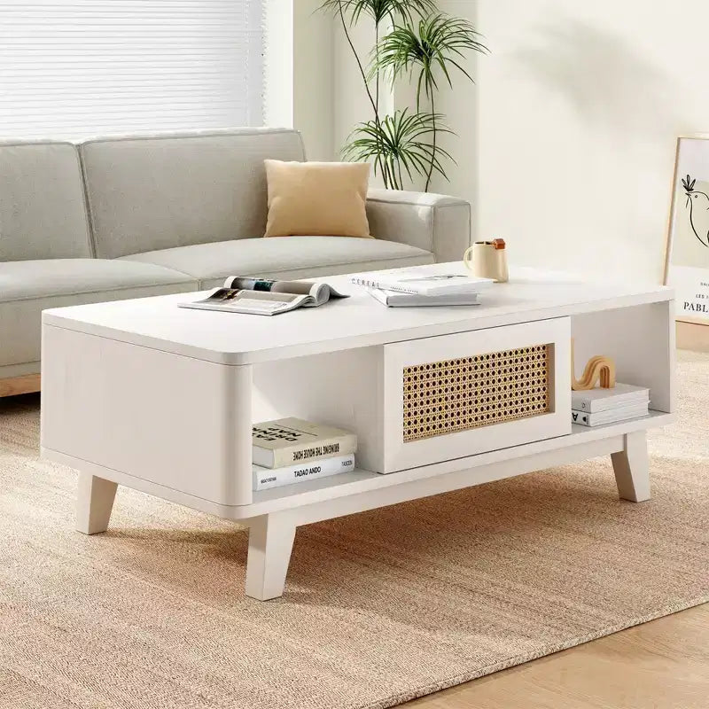 Tavolino da Caffè, Tavolini da Salotto, Tavolino Moderno Quadrato con Cassetto in Rattan, Tavolino da Salotto in Legno